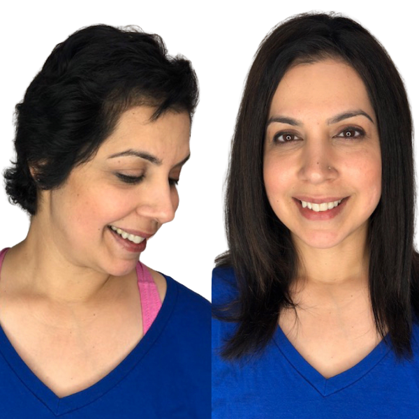 Before and after image of a woman wearing Priscilla Dark Brown Hair Extensions