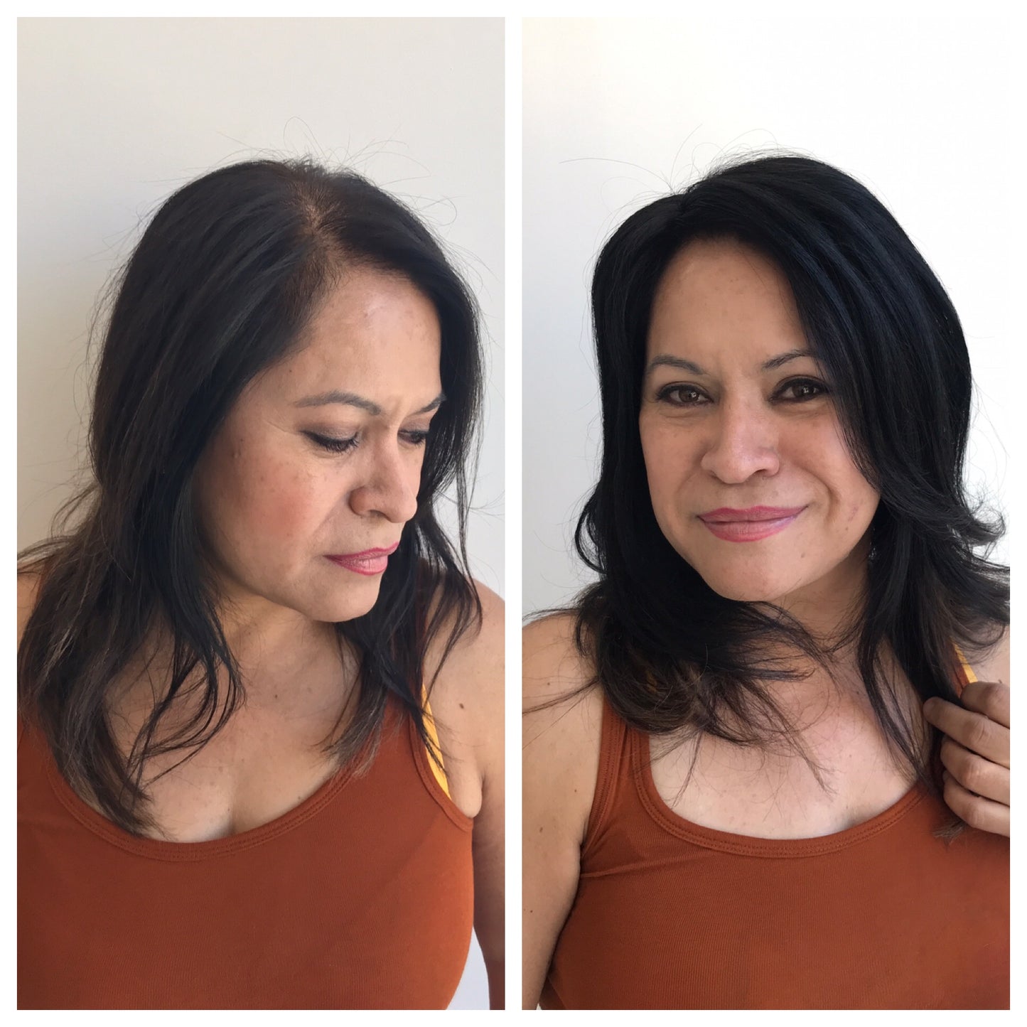 Before and after image of a woman wearing a Midnight Black hair topper