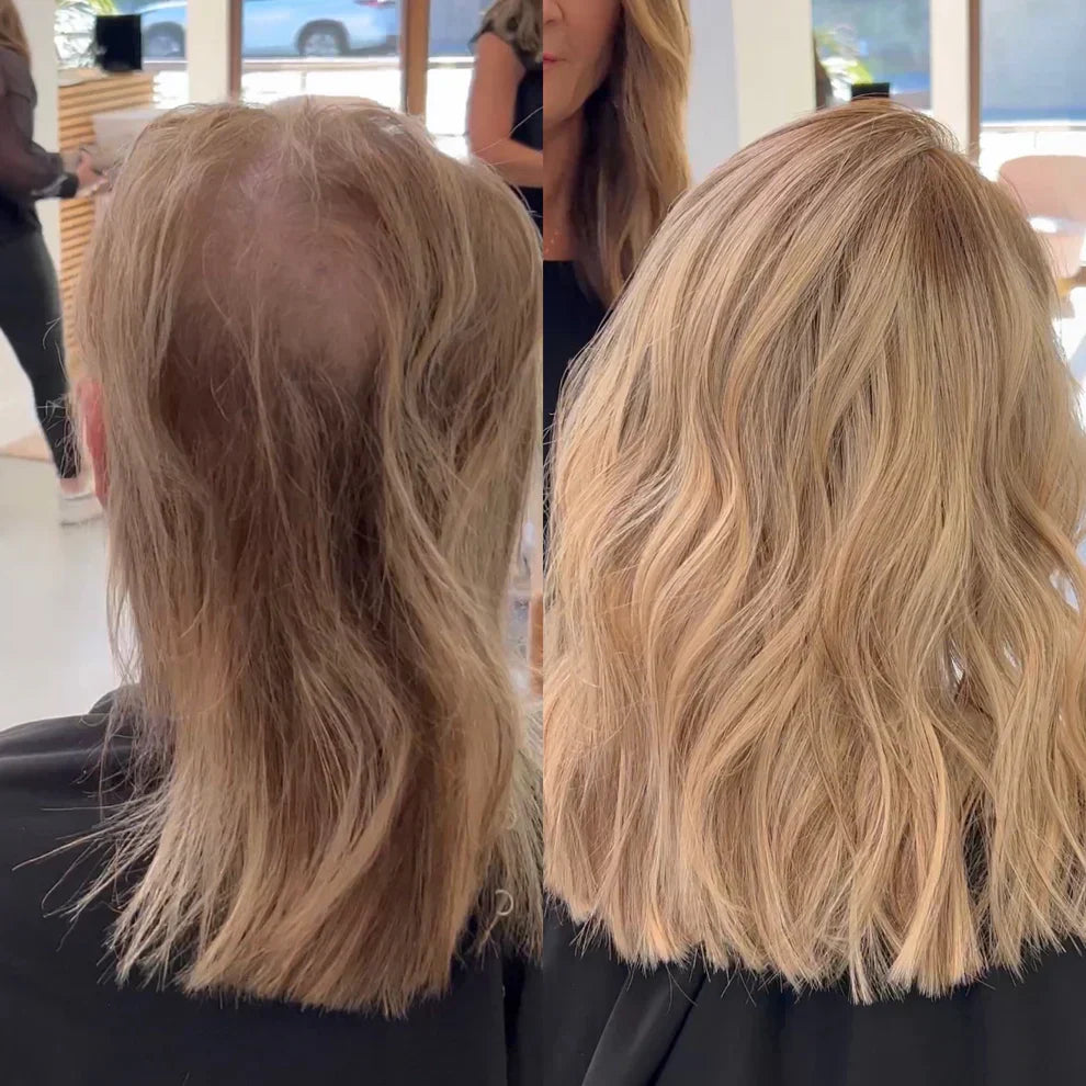 A before-and-after shot of a woman wearing a low-density topper.