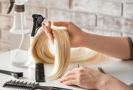 A hand holding blonde hair extensions at a salon table. 