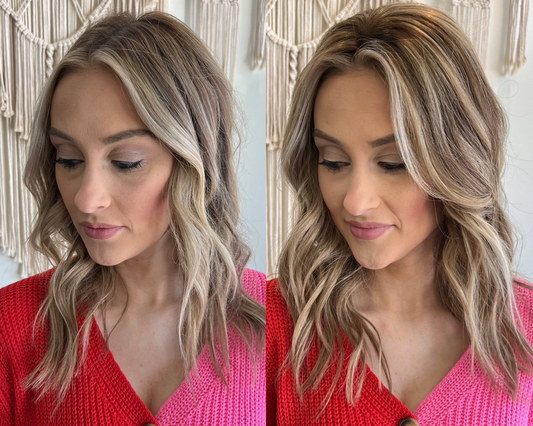 Image of a girl with natural hair extensions on the right-hand side, and none on the left.