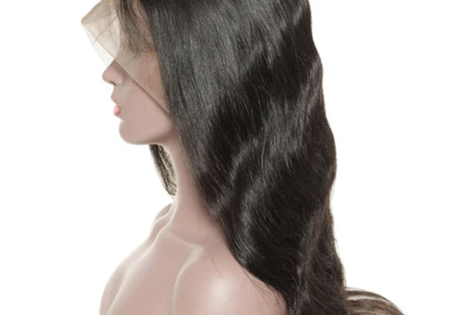 Lace front dark brown human hair wig on a mannequin