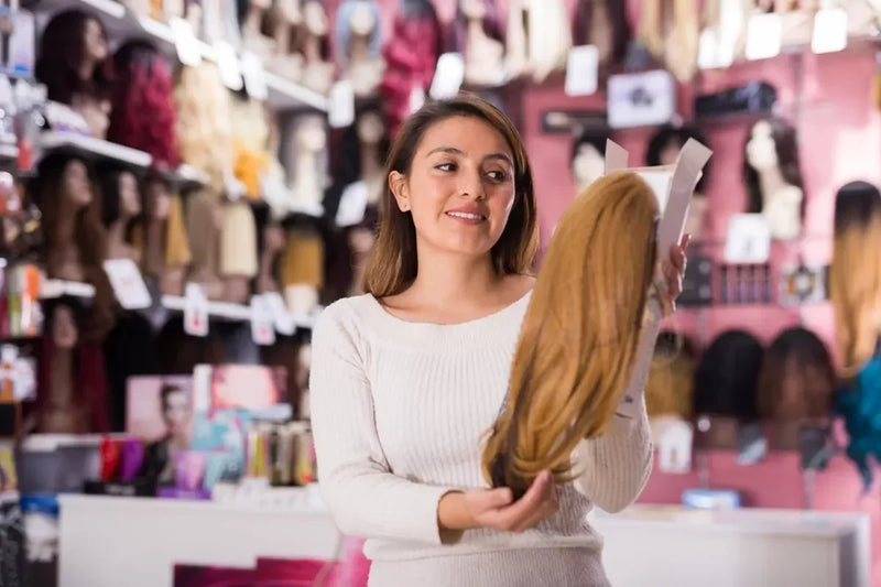 A woman at a wig shop picks out her first wig.