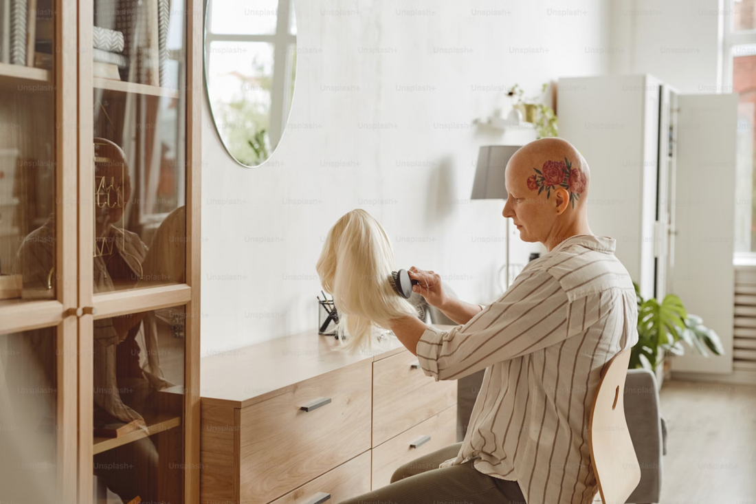 A woman with a tattooed head brushing her human hair wig.