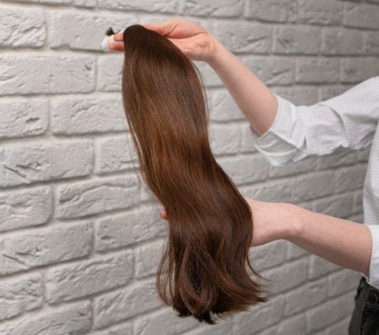 Image of a lady holding a fresh set of permanent hair extensions