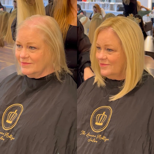 A woman in a salon chair, before and after hair extensions.