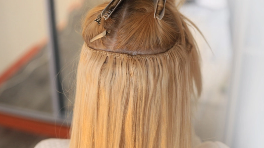 A zoomed-in shot of a blonde woman wearing clip-in hair extensions.