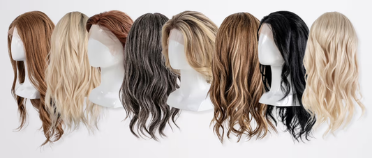 Image of four lace fronts wig on mannequin stands.