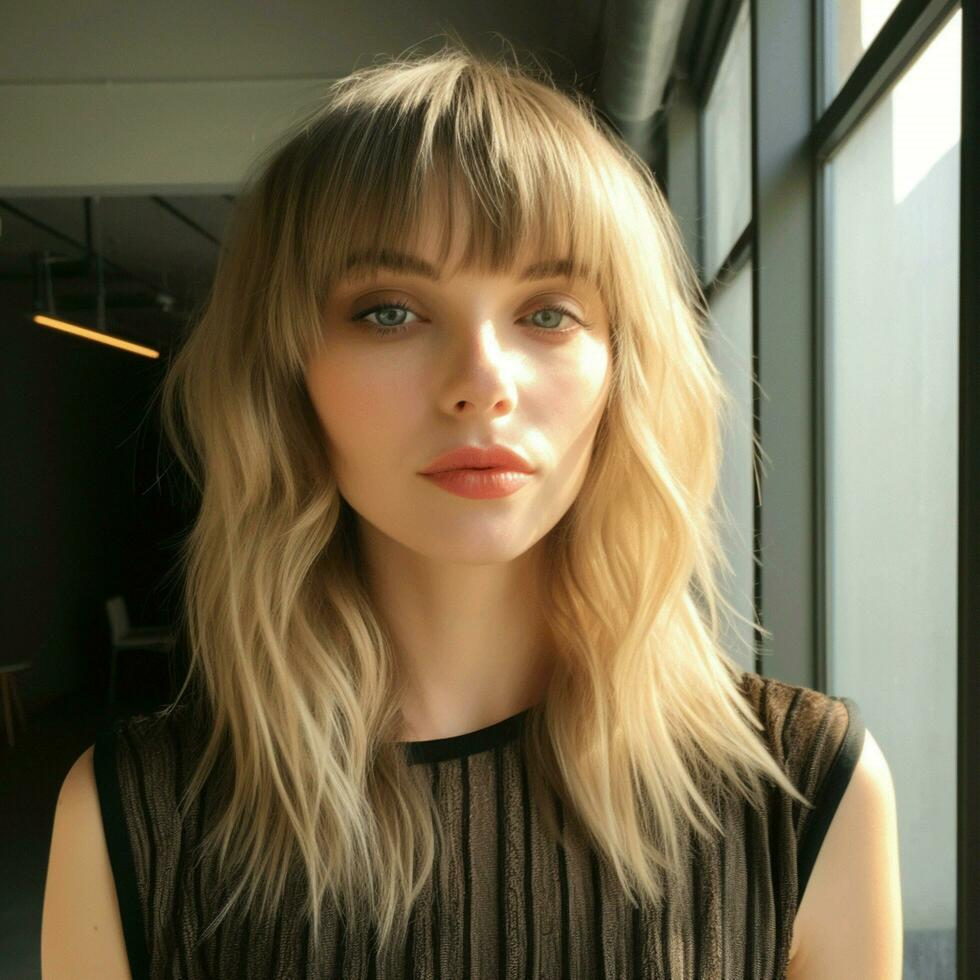 Close-up portrait of a woman with wavy blonde hair and soft bangs, wearing a sheer black top. She gazes directly at the camera with a neutral expression, illuminated by natural light from a large window beside her.