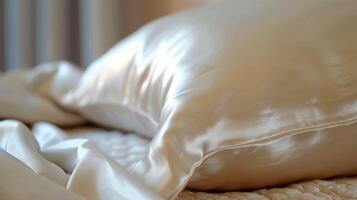 Close-up of a smooth satin pillowcase on a bed, promoting gentle hair and skin care while sleeping.