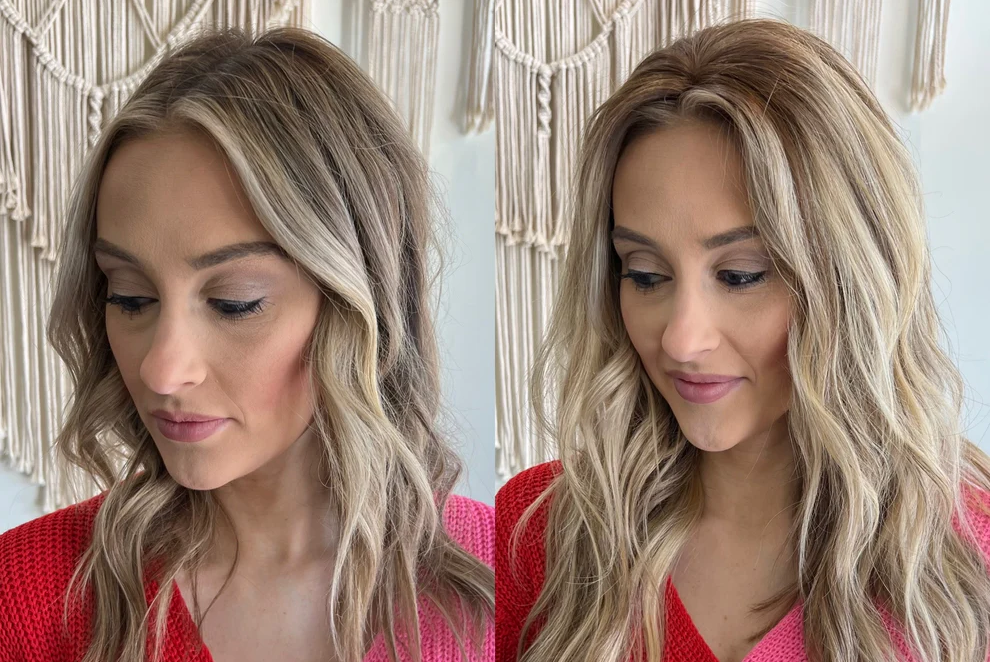 Alt text: Do hair toppers look natural? This side by side before-and-after proves they do.