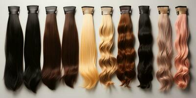 A row of ten clip-in hair extensions displayed side by side, featuring a variety of colors and textures including straight black, brown, blonde, and wavy shades of caramel, brunette, and rose gold. 