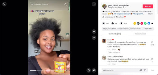 A screenshot of a TikTok video of a woman using Damatol for hair growth.