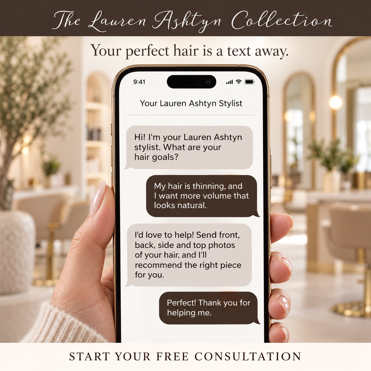 Free online hair topper and wig consultation: text photos of your thinning hair to a Lauren Ashtyn licensed stylist for a personalized recommendation